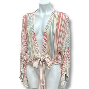 Boho Shirt Striped 3/4 Sleeve Tie Front Oversized Womens Blouse Festival Sz L